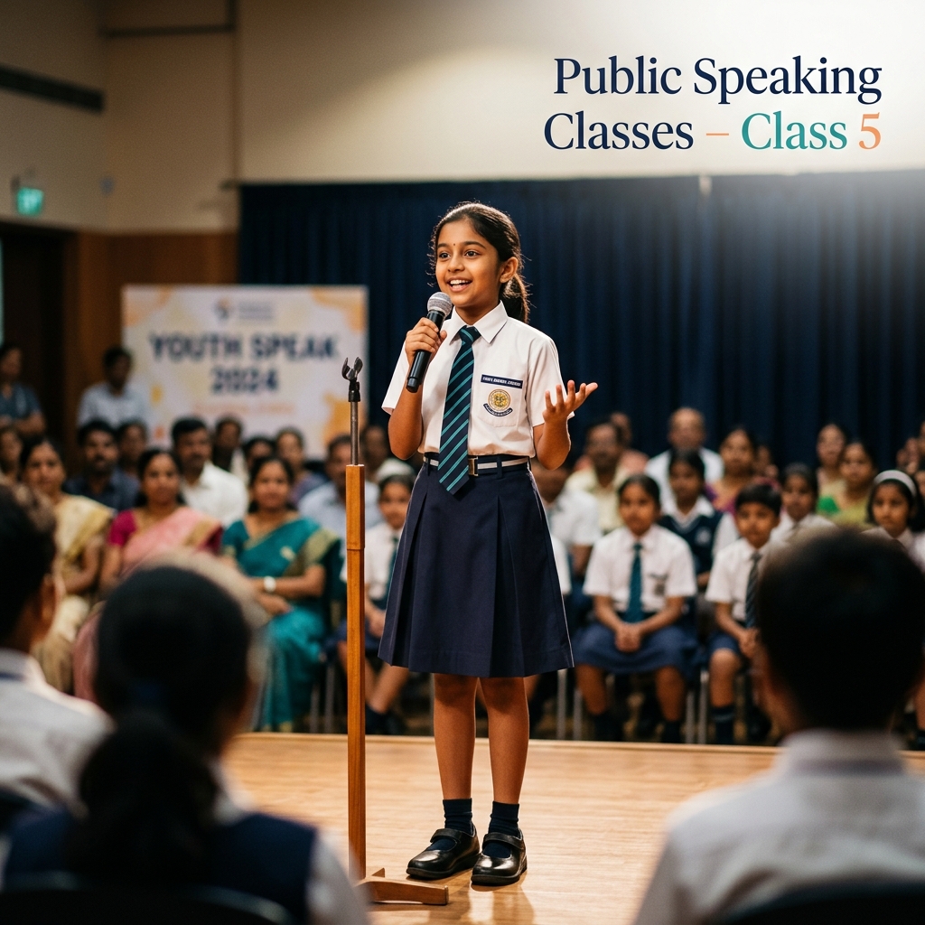 A grade 5 student on a stage talking publicly