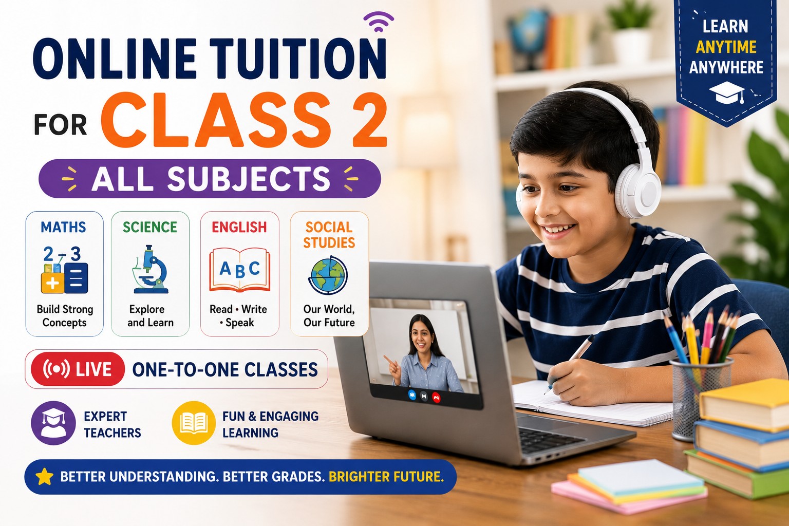 Online tuition for class 2 on maths, Science, English and Social